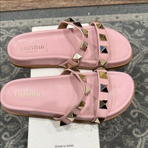 Valentino Garavani Pink Slide Sandals with Gold Studs